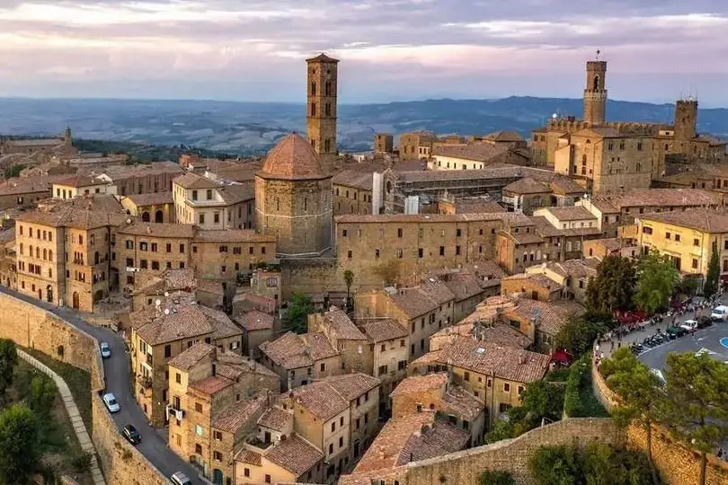 Aerial view of the hilltop Etruscan town of Volterra at sunset